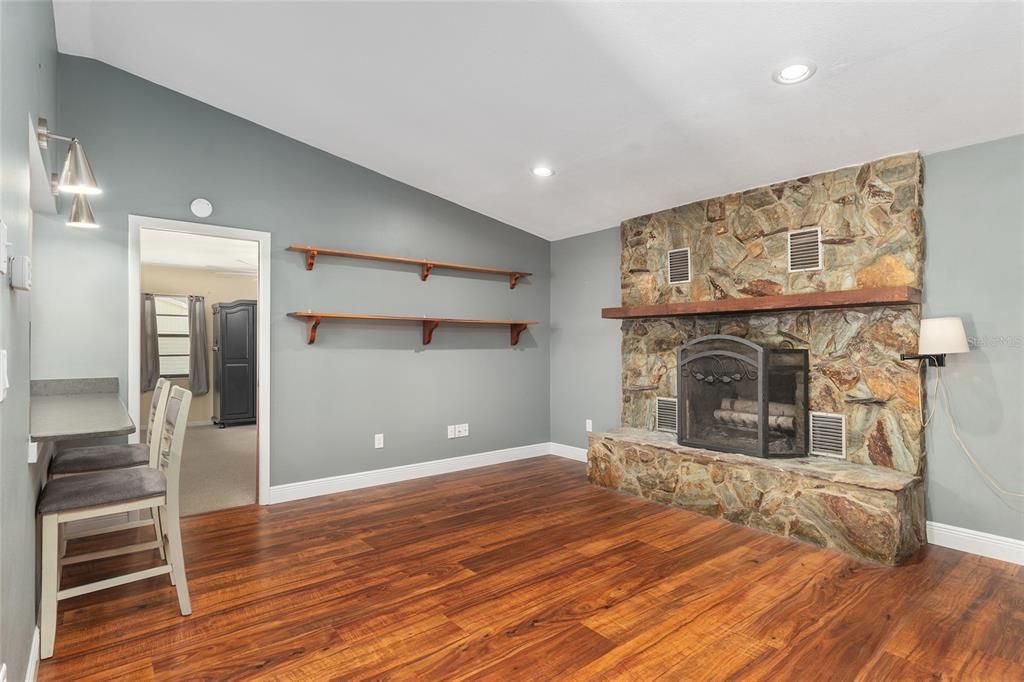 Fireplace, Interior, Recessed Lighting, Wood Texture Flooring