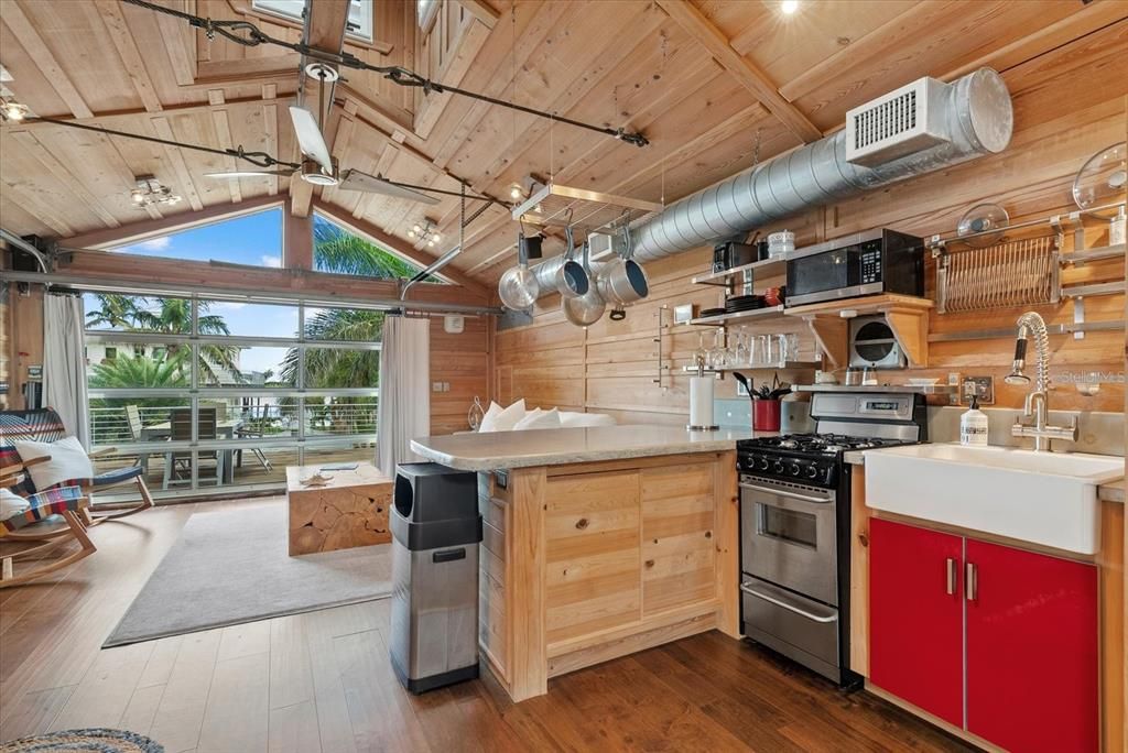 Interior, Kitchen, Stainless Steel Appliances, Wooden Beams, Wooden Ceilings, Wood Texture Flooring, Wooden Walls