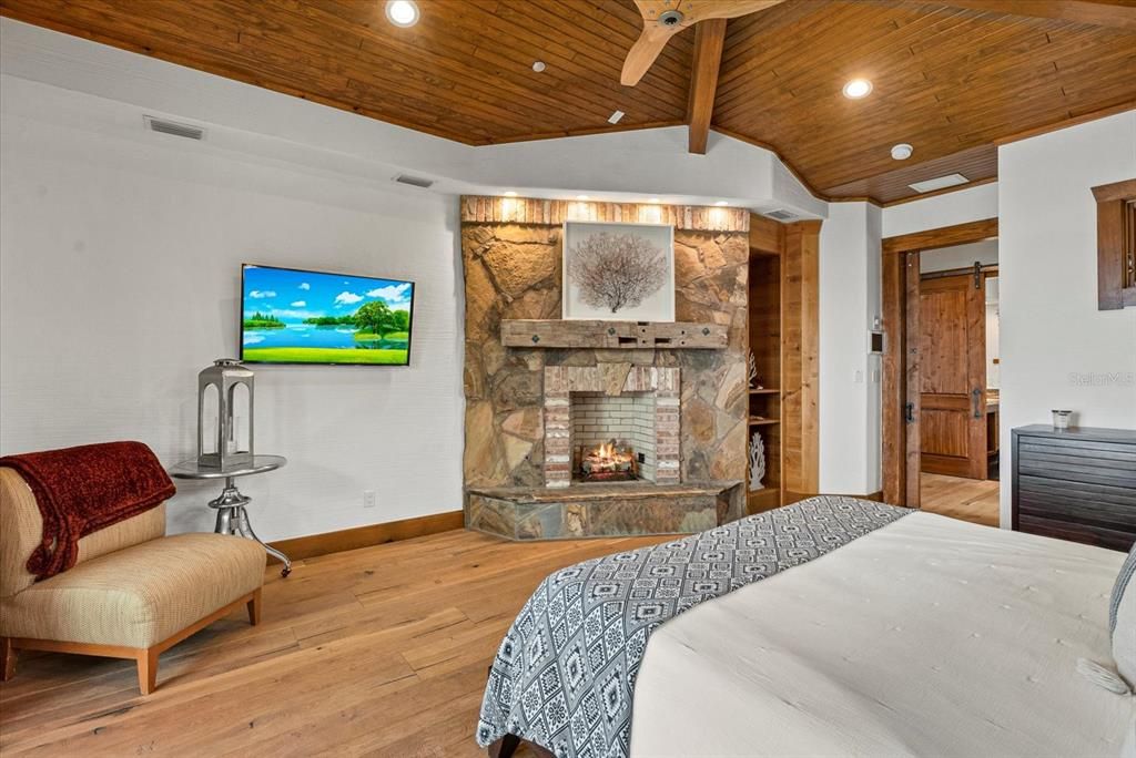 Bedroom, Fireplace, Interior, Recessed Lighting, Wooden Beams, Wooden Ceilings, Wood Texture Flooring