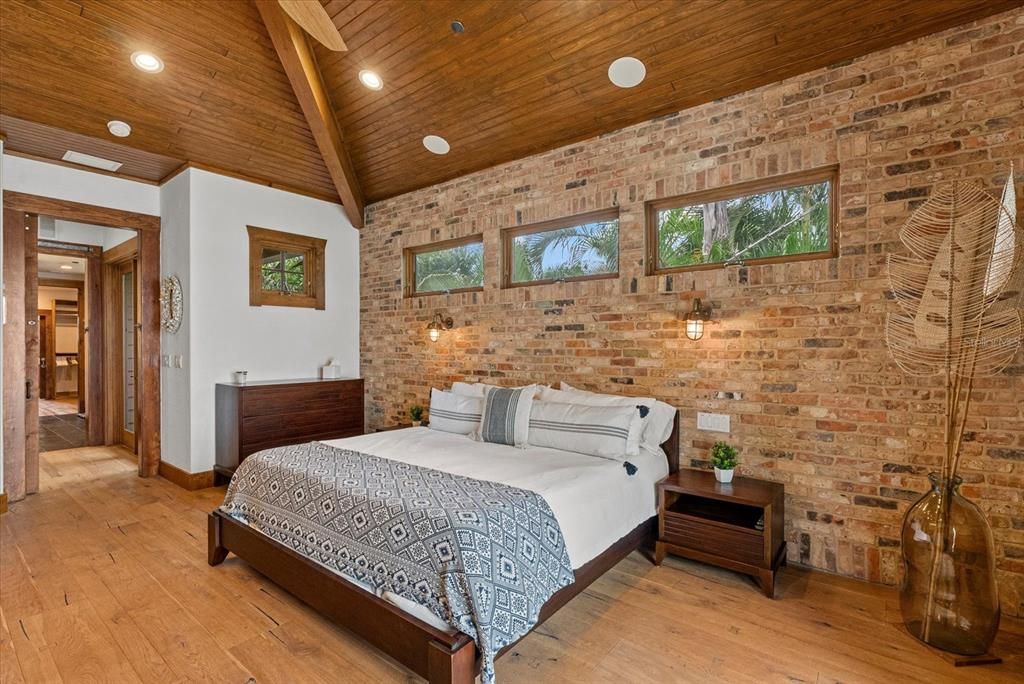 Bedroom, Interior, Recessed Lighting, Stone Walls, Wooden Beams, Wooden Ceilings, Wood Texture Flooring