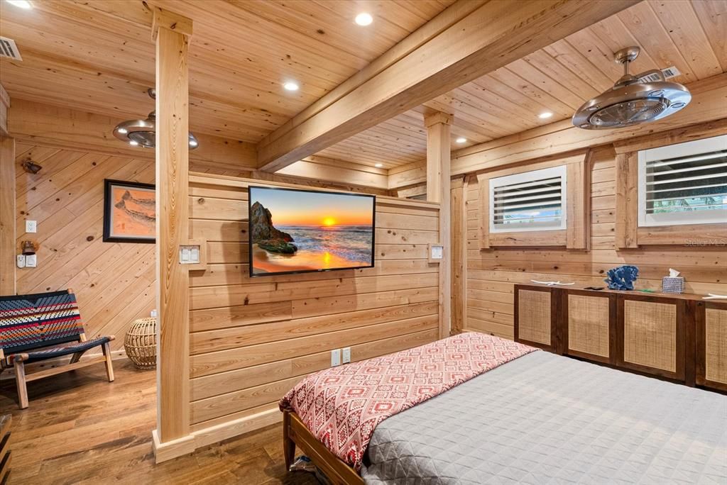 Bedroom, Interior, Recessed Lighting, Wooden Beams, Wooden Ceilings, Wood Texture Flooring, Wooden Walls