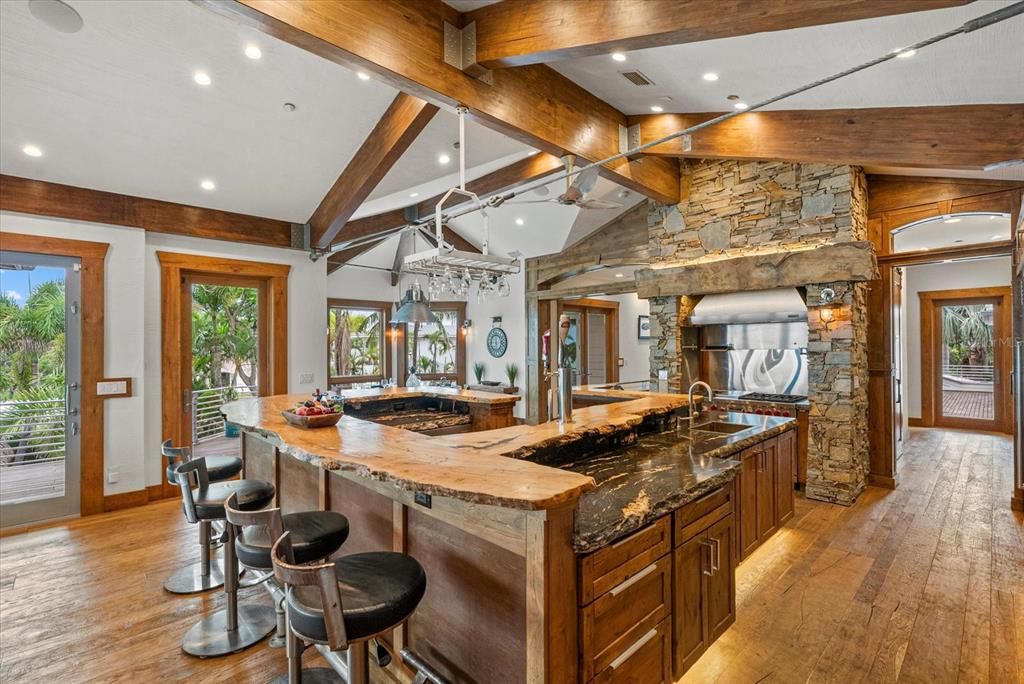 Interior, Kitchen, Recessed Lighting, Stone Walls, Wooden Beams, Wood Texture Flooring