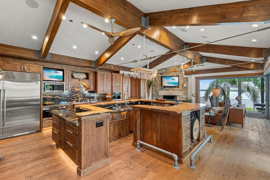 Interior, Kitchen, Recessed Lighting, Stainless Steel Appliances, Wooden Beams, Wood Texture Flooring