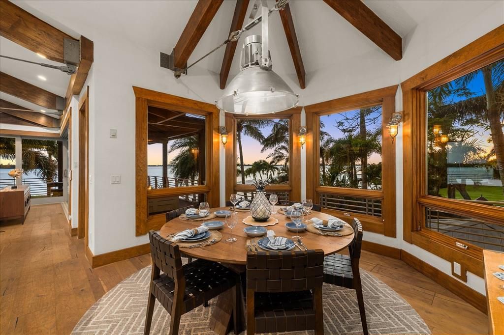 Dining room, Interior, Water, Wooden Beams, Wood Texture Flooring