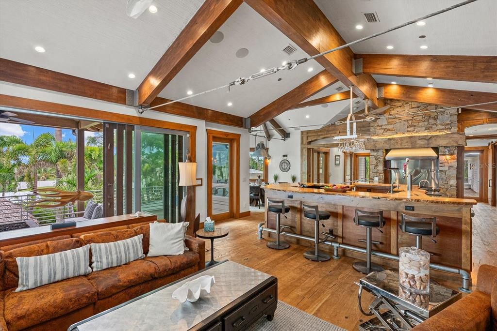 Interior, Living room, Recessed Lighting, Stone Walls, Wooden Beams, Wood Texture Flooring