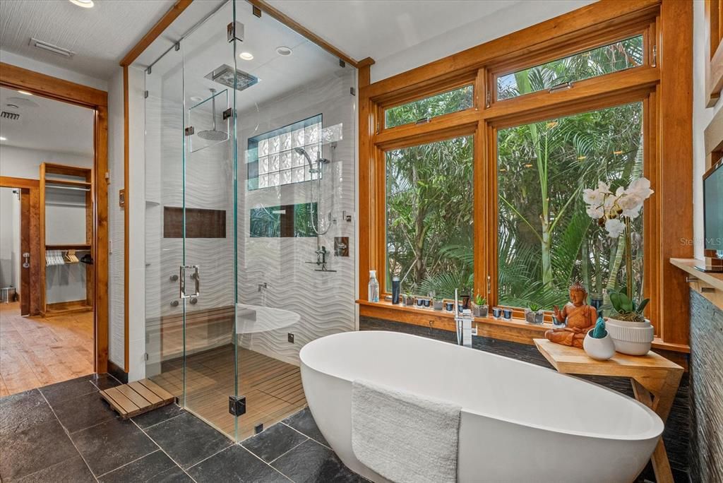Bathroom, Free Standing Baths, Glass Shower, Interior, Recessed Lighting