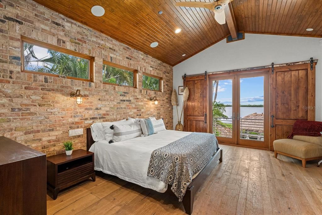 Bedroom, Interior, Recessed Lighting, Stone Walls, Water, Wooden Beams, Wooden Ceilings, Wood Texture Flooring