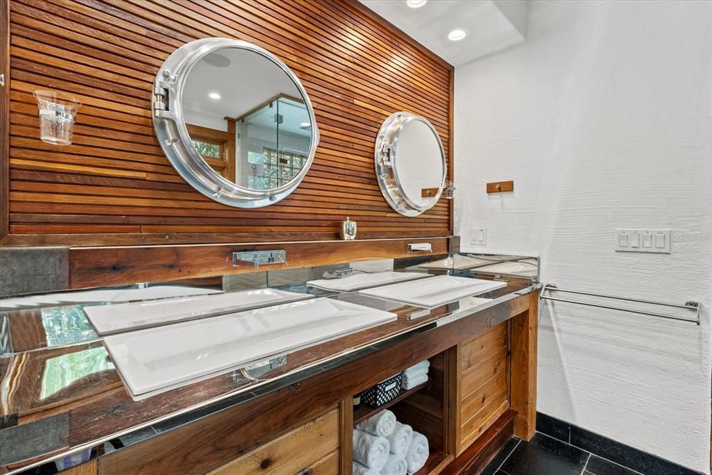 Bathroom, Dual Sink Vanities, Interior, Recessed Lighting, Tile Countertops, Wooden Walls