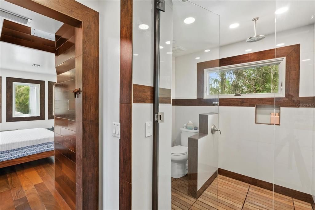 Bathroom, Glass Shower, Interior, Recessed Lighting, Wood Texture Flooring
