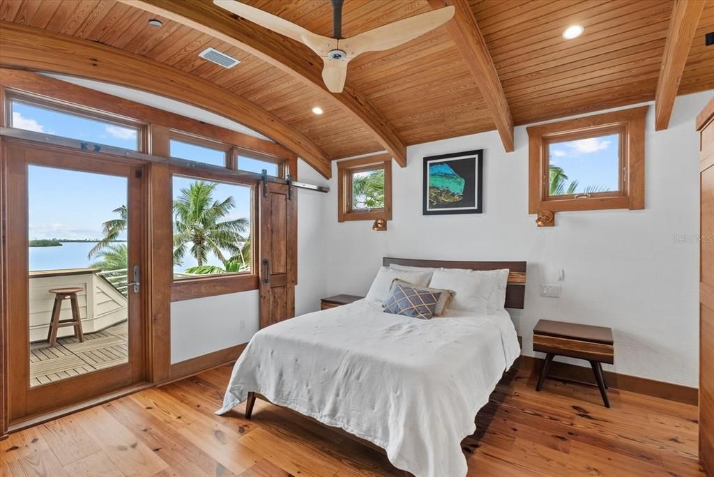 Bedroom, Interior, Recessed Lighting, Water, Wooden Beams, Wooden Ceilings, Wood Texture Flooring