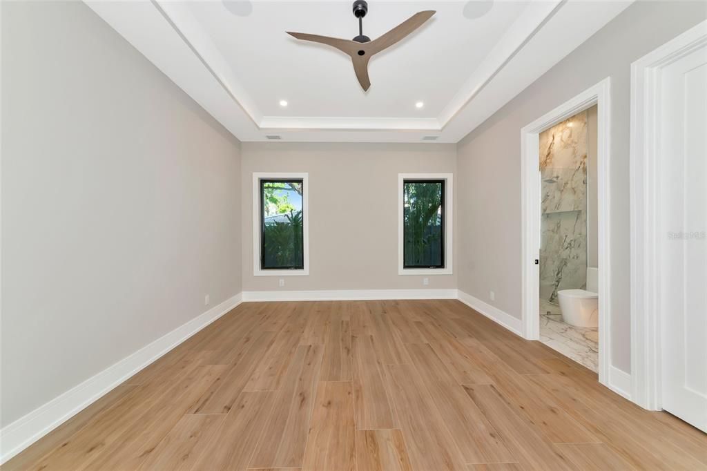 Bathroom, Empty room, Interior, Marble, Marble Walls, Recessed Lighting, Wood Texture Flooring