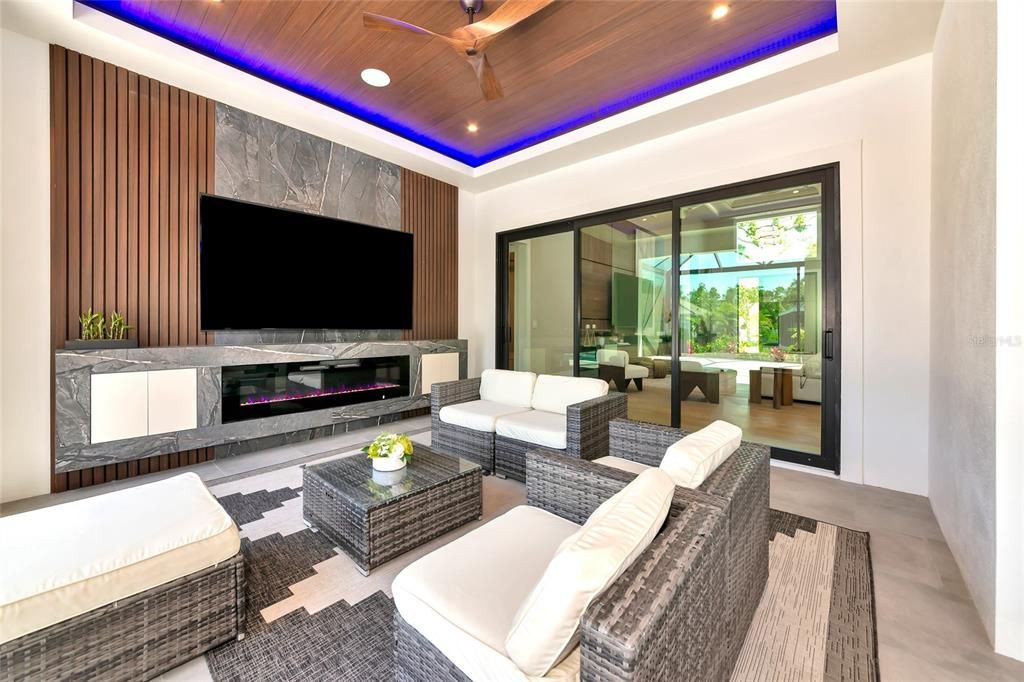 Fireplace, Interior, Living room, Recessed Lighting, Wooden Ceilings