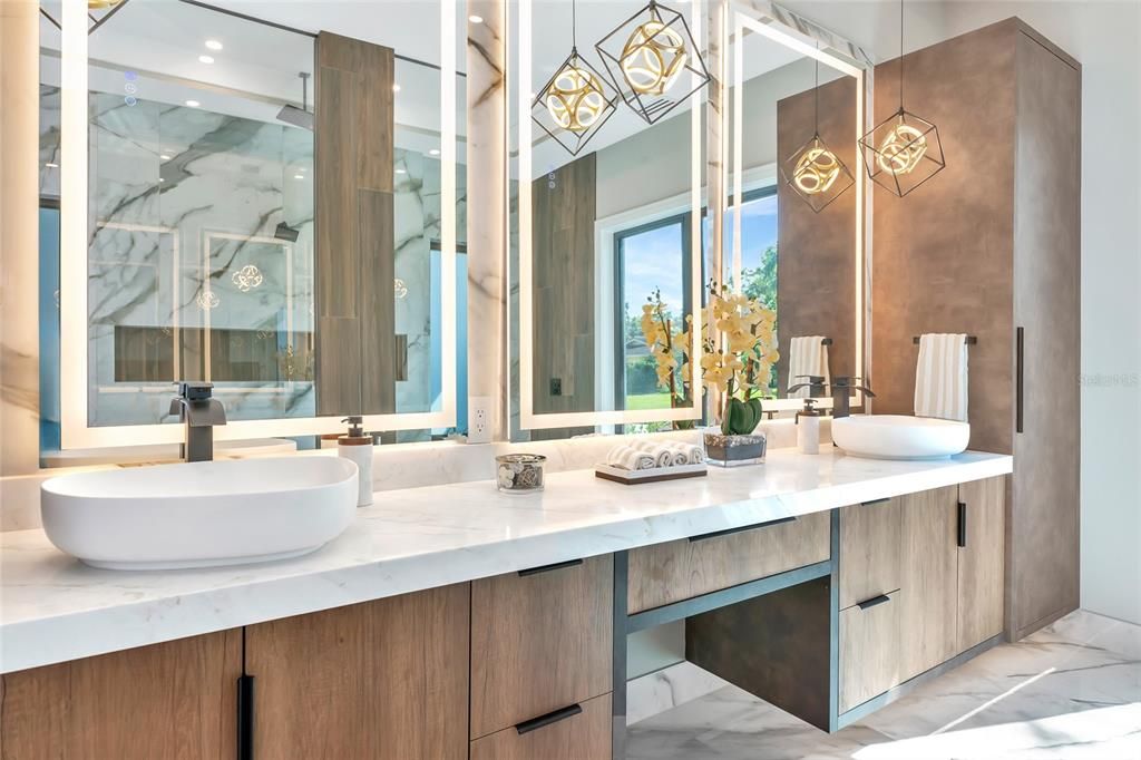 Bathroom, Dual Sink Vanities, Interior, Marble, Marble Walls, Recessed Lighting