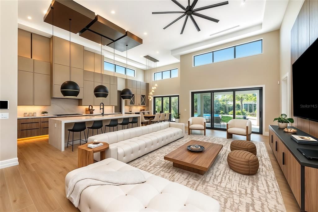 Dining room, Interior, Kitchen, Living room, Pendant Lights, Recessed Lighting, Stainless Steel Appliances, Wood Texture Flooring