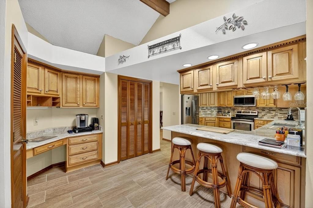 Interior, Kitchen, Recessed Lighting, Stainless Steel Appliances, Wooden Beams, Wood Texture Flooring