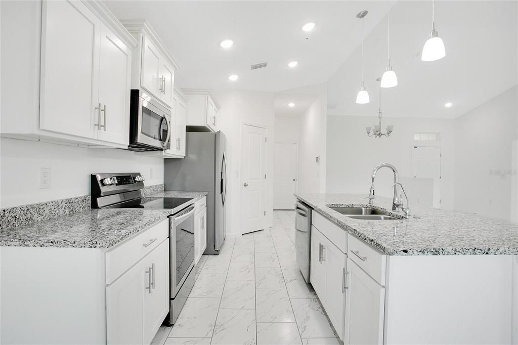 Interior, Kitchen, Marble, Pendant Lights, Recessed Lighting