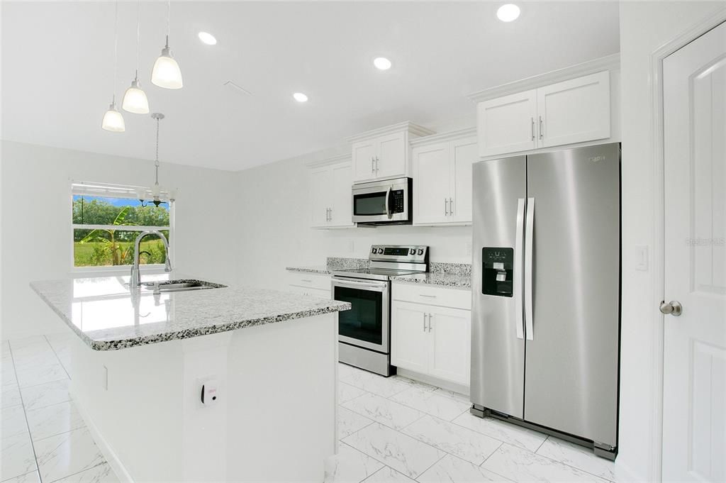Interior, Kitchen, Marble, Pendant Lights, Recessed Lighting, Stainless Steel Appliances