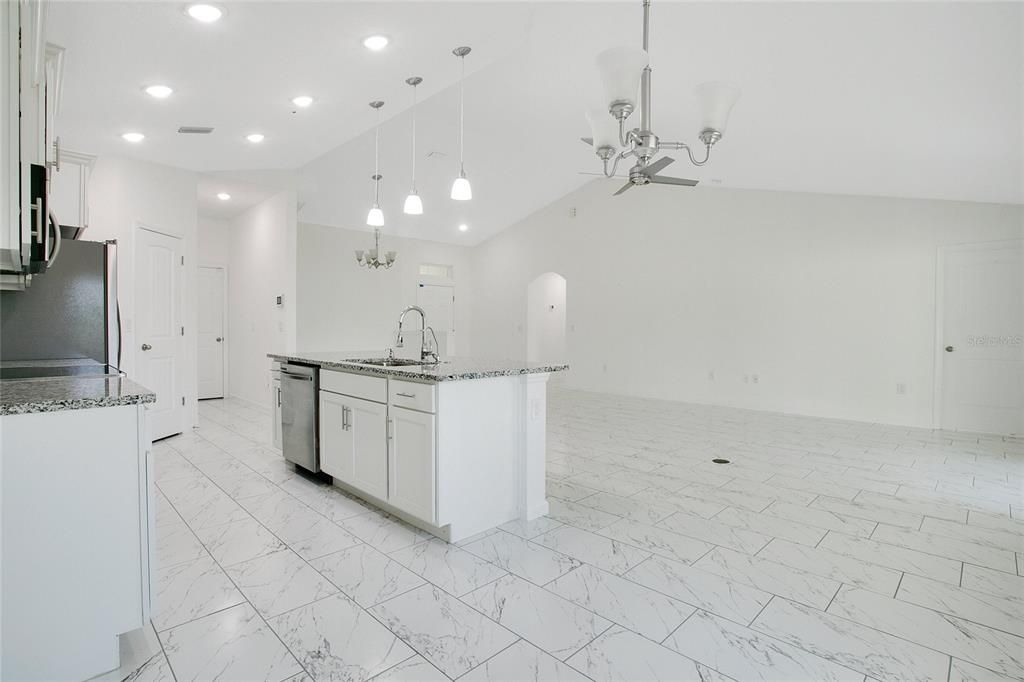 Interior, Kitchen, Marble, Pendant Lights, Recessed Lighting