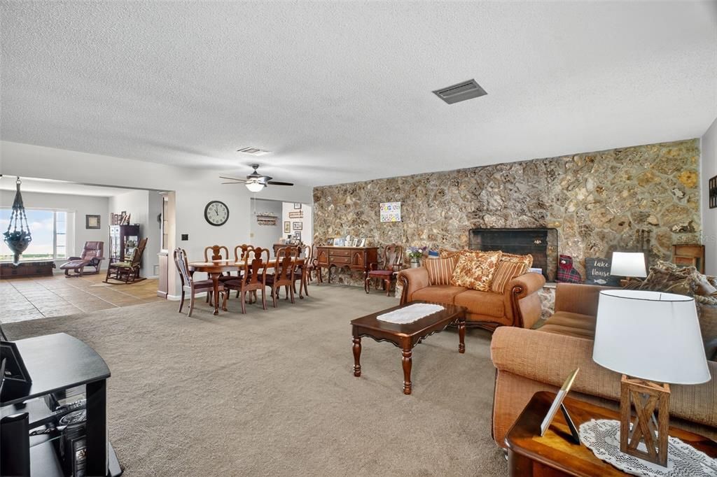 Dining room, Fireplace, Interior, Living room, Stone Walls