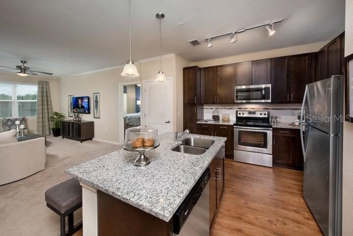 Interior, Kitchen, Living room, Pendant Lights, Stainless Steel Appliances, Wood Texture Flooring