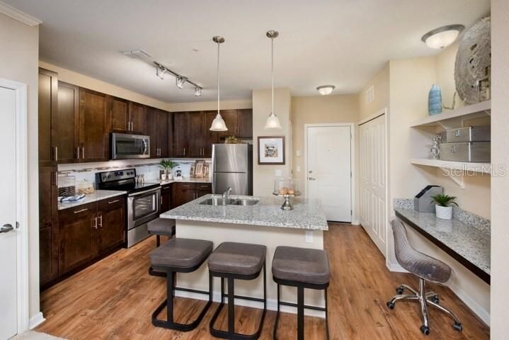 Interior, Kitchen, Pendant Lights, Stainless Steel Appliances, Wood Texture Flooring