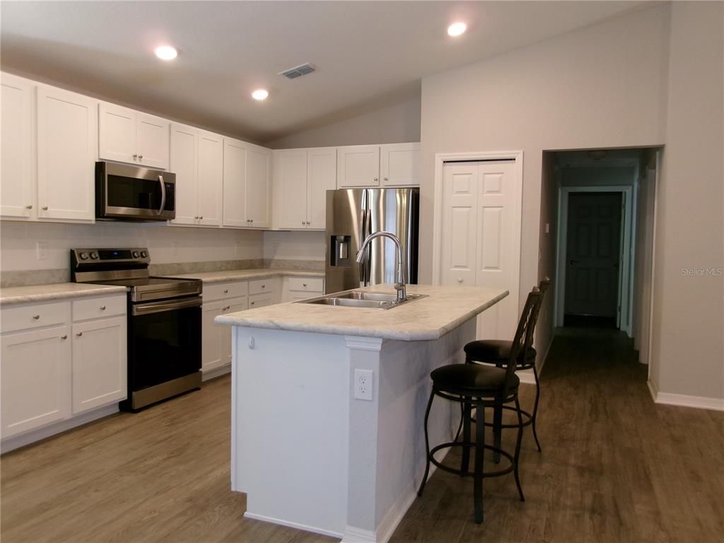 Interior, Kitchen, Recessed Lighting, Stainless Steel Appliances, Wood Texture Flooring