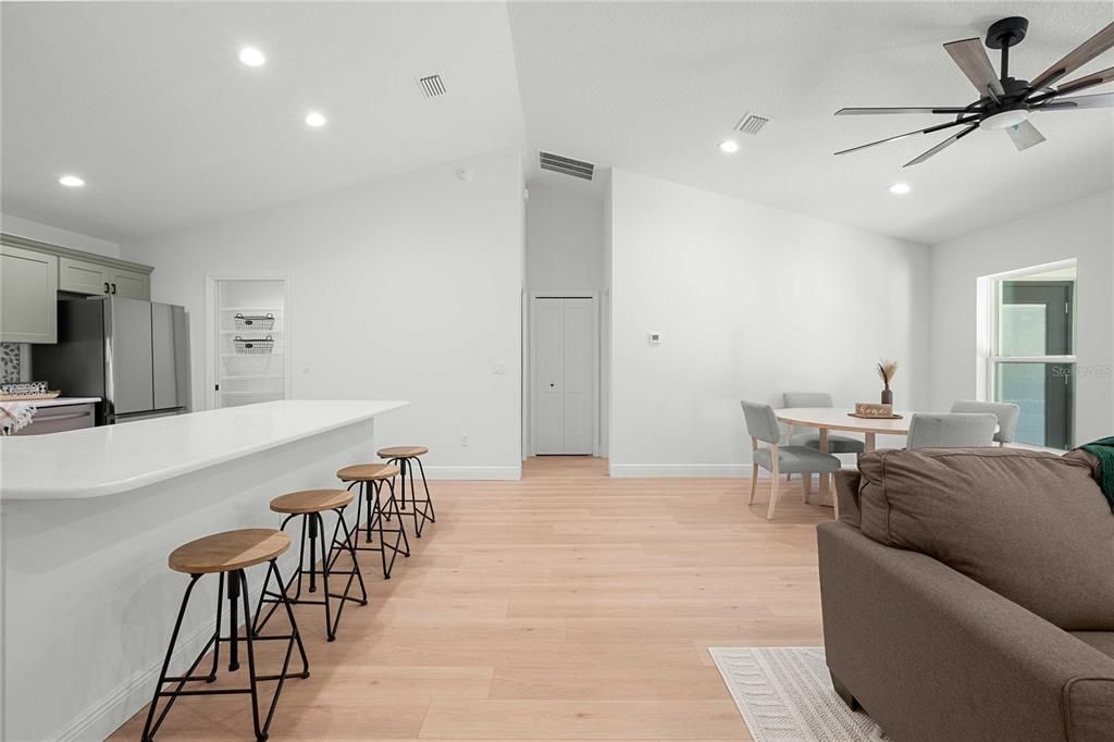 Dining room, Interior, Kitchen, Recessed Lighting, Wood Texture Flooring