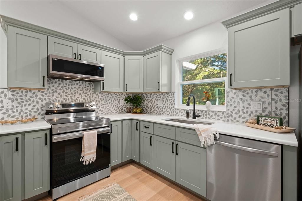 Interior, Kitchen, Recessed Lighting, Stainless Steel Appliances, Wood Texture Flooring