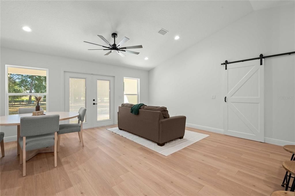 Dining room, Interior, Living room, Recessed Lighting, Wood Texture Flooring