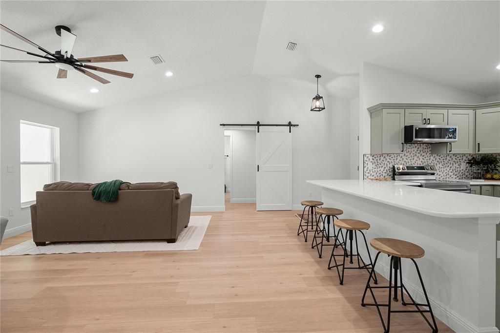 Interior, Kitchen, Living room, Pendant Lights, Recessed Lighting, Stainless Steel Appliances, Wood Texture Flooring