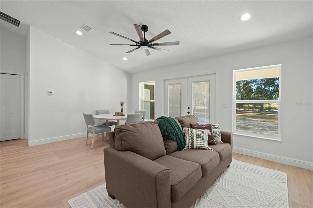 Dining room, Interior, Recessed Lighting, Wood Texture Flooring