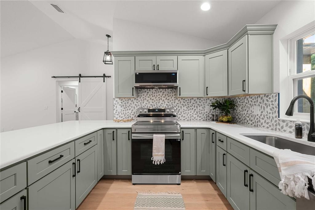 Interior, Kitchen, Pendant Lights, Recessed Lighting, Stainless Steel Appliances, Wood Texture Flooring