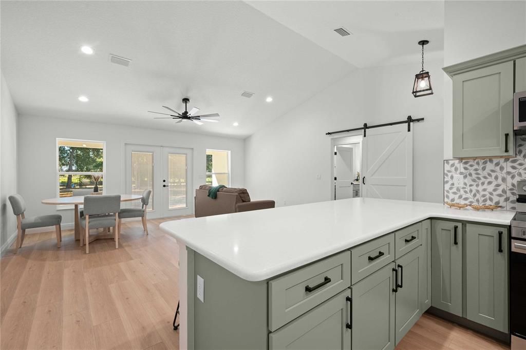 Dining room, Interior, Kitchen, Pendant Lights, Recessed Lighting, Wood Texture Flooring