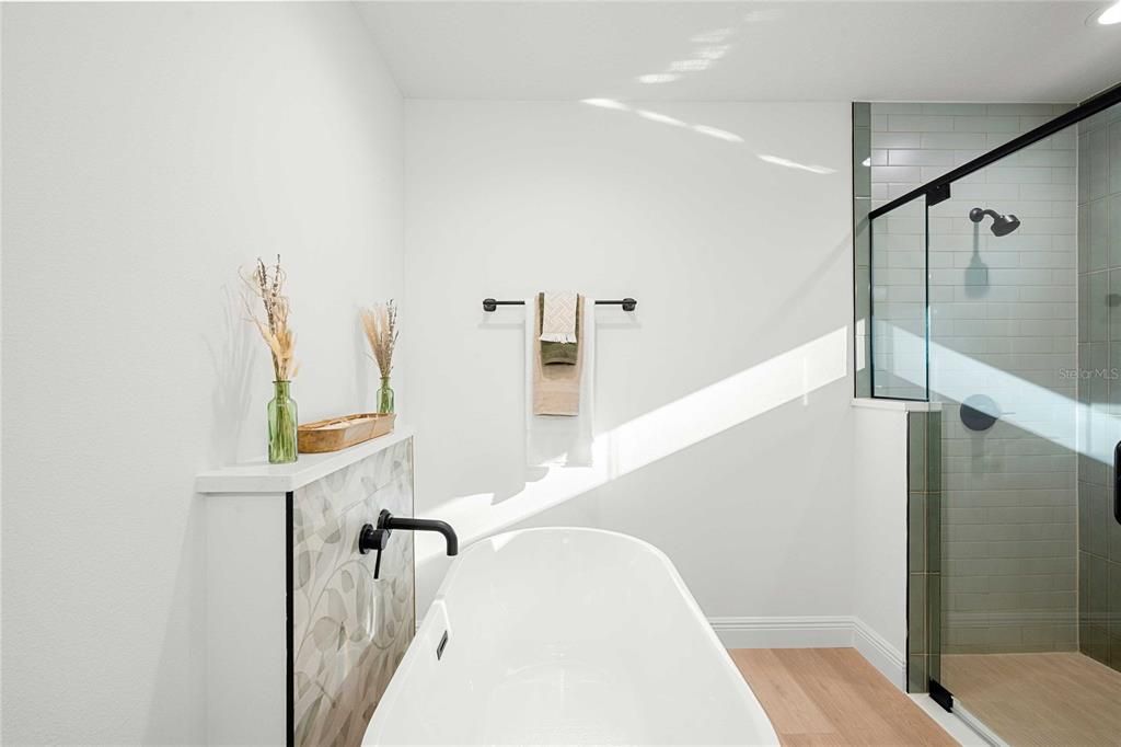 Bathroom, Glass Shower, Interior, Wood Texture Flooring
