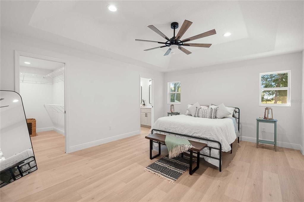 Bedroom, Interior, Recessed Lighting, Wood Texture Flooring