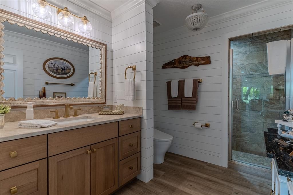 Bathroom, Glass Shower, Interior, Wood Texture Flooring