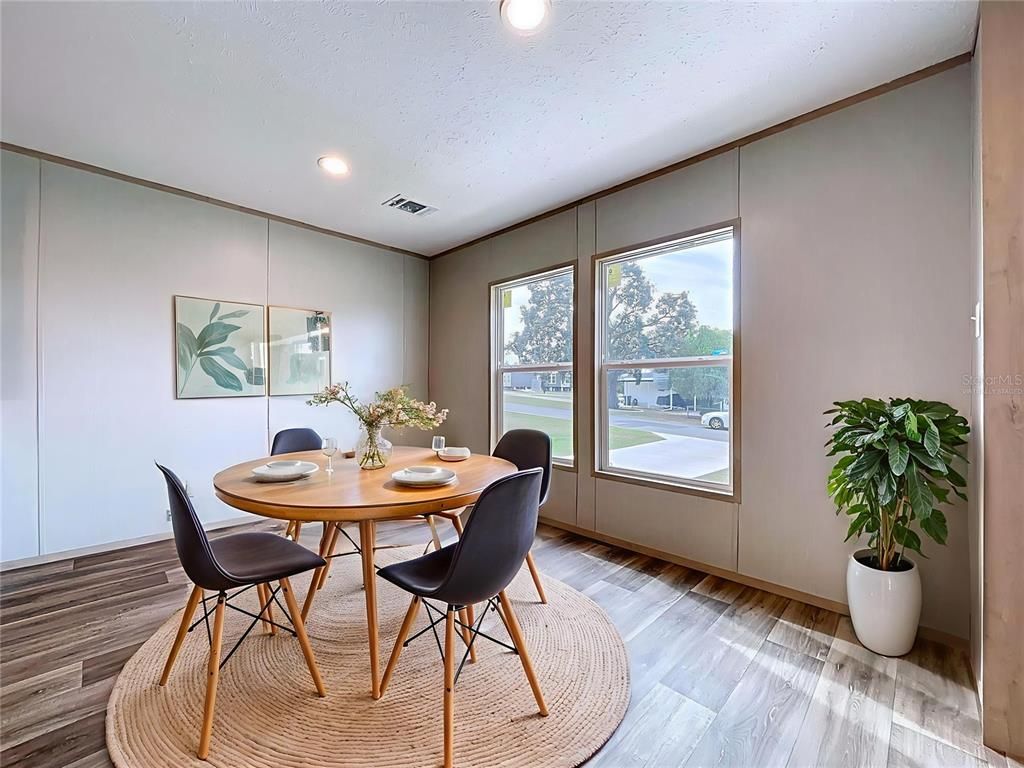 Dining room, Interior, Recessed Lighting, Wood Texture Flooring