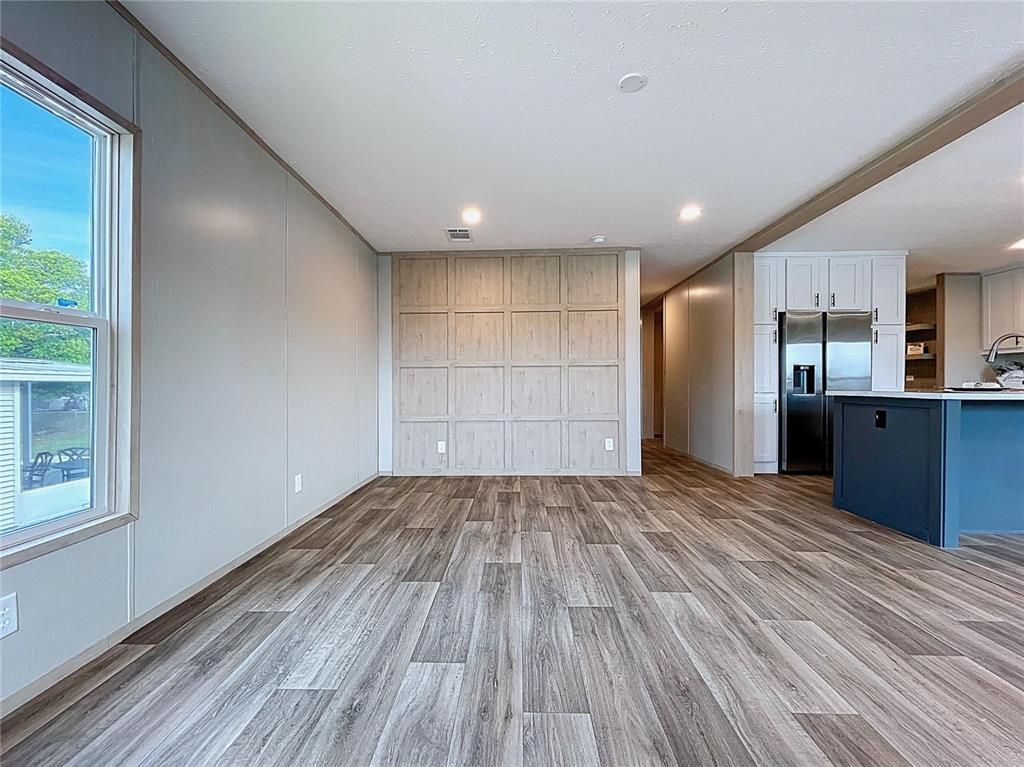 Empty room, Interior, Kitchen, Recessed Lighting, Wood Texture Flooring