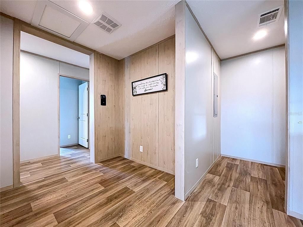 Empty room, Interior, Recessed Lighting, Wood Texture Flooring, Wooden Walls