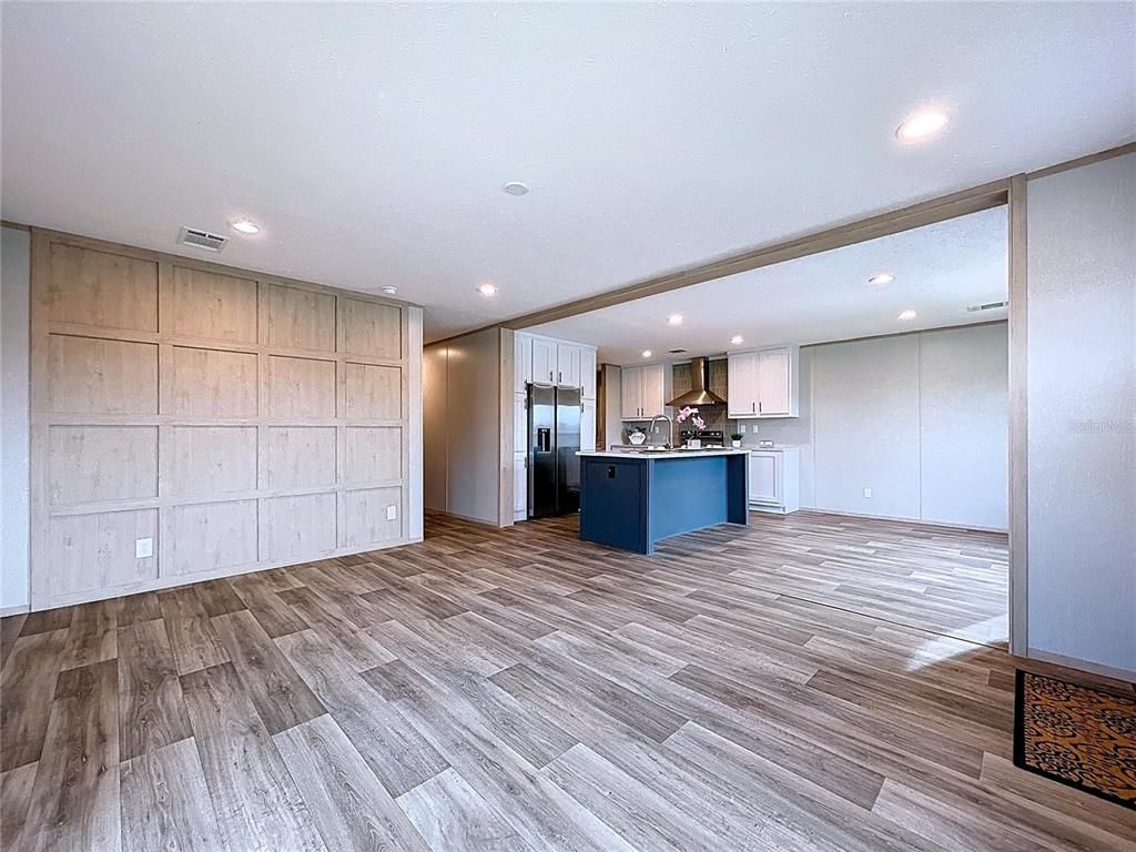 Empty room, Interior, Kitchen, Recessed Lighting, Wood Texture Flooring
