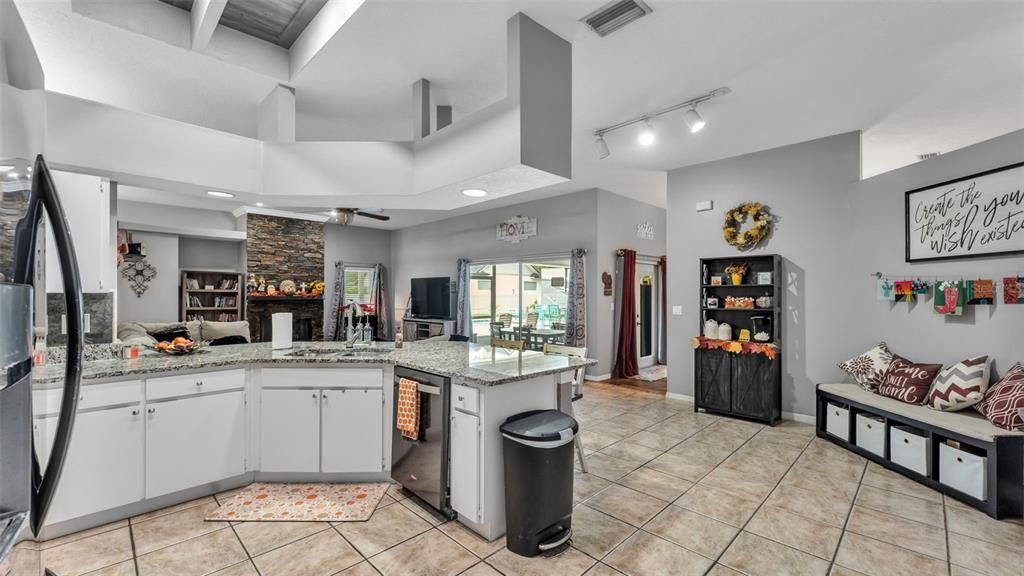 Interior, Kitchen, Recessed Lighting, Stone Walls