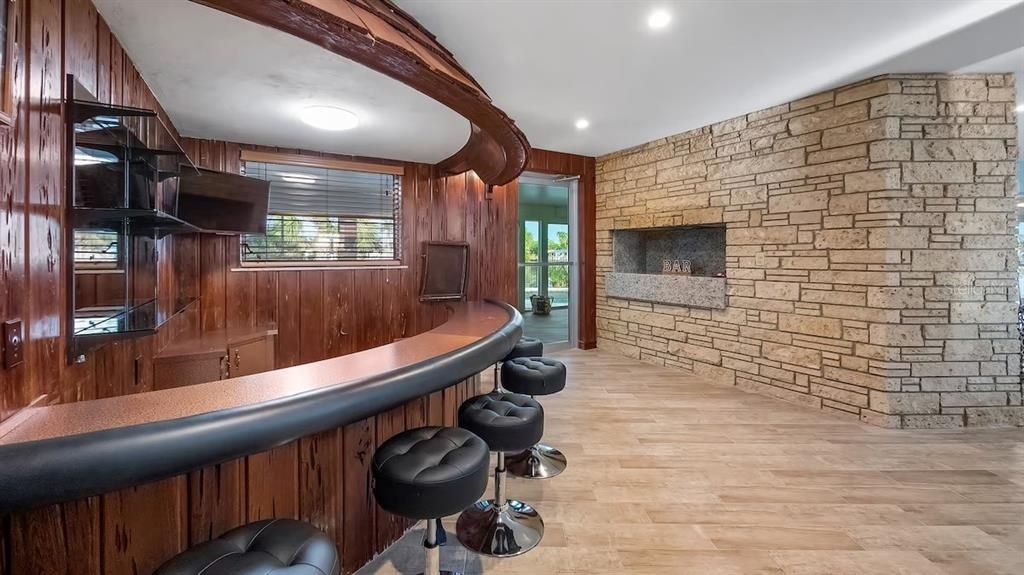 Interior, Recessed Lighting, Stone Walls, Wood Texture Flooring, Wooden Walls