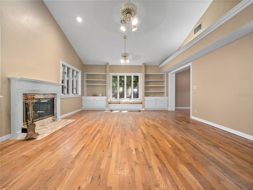 Empty room, Fireplace, Interior, Recessed Lighting, Wood Texture Flooring