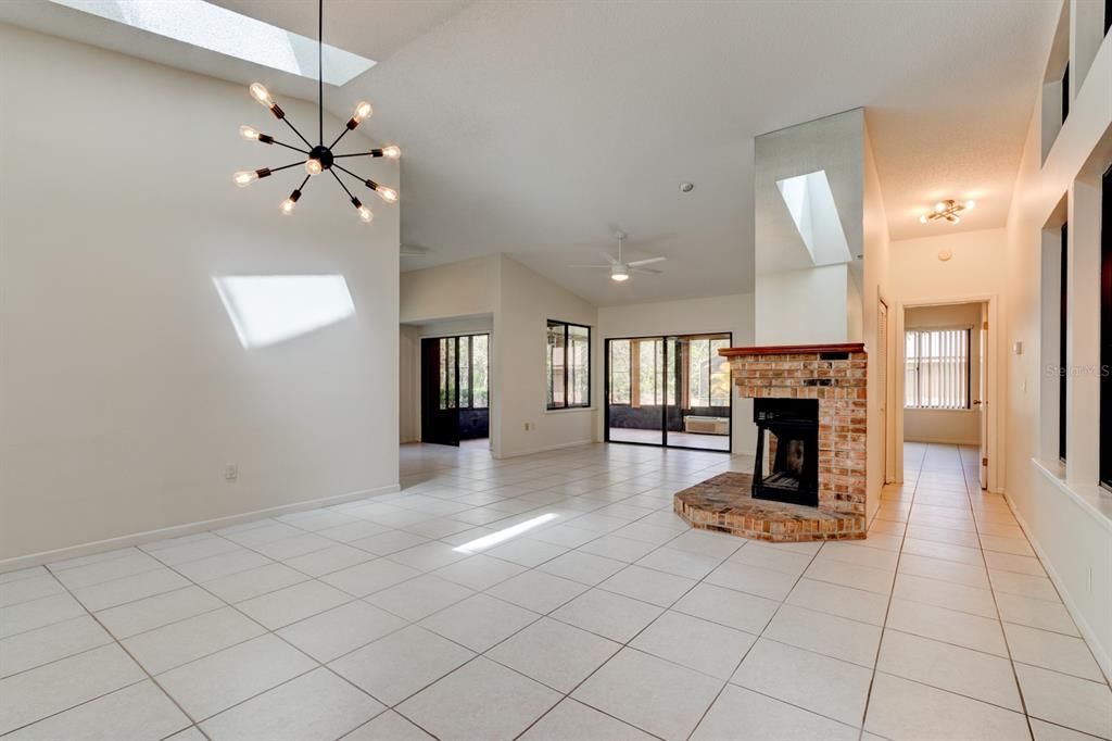 Empty room, Fireplace, Interior, Pendant Lights