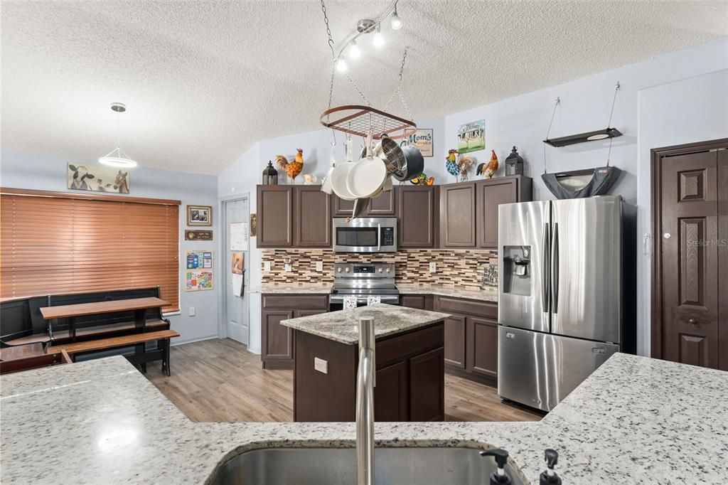 Interior, Kitchen, Pendant Lights, Stainless Steel Appliances, Wood Texture Flooring
