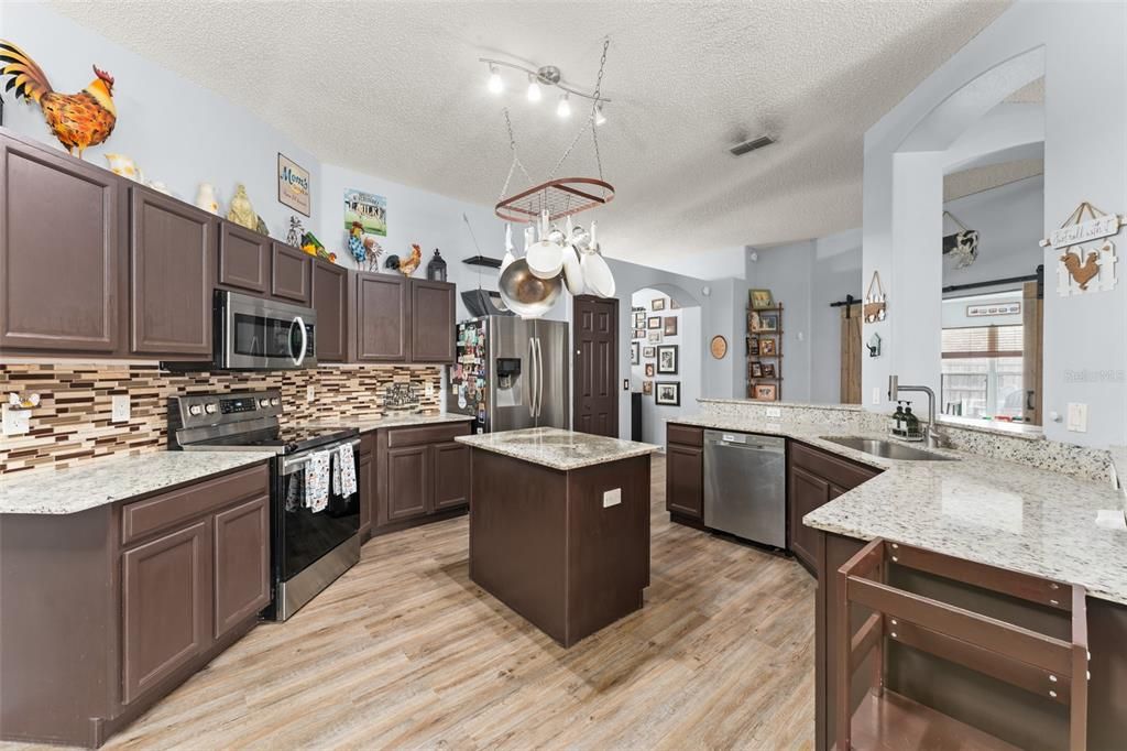 Interior, Kitchen, Pendant Lights, Stainless Steel Appliances, Wood Texture Flooring