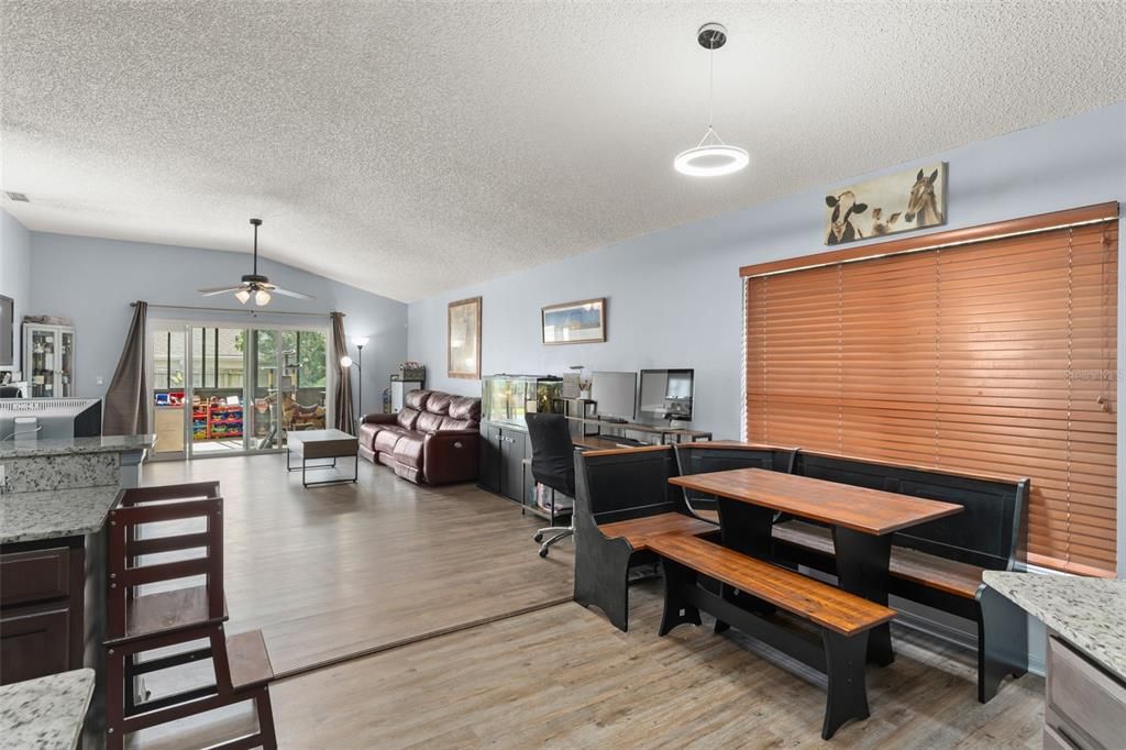 Dining room, Interior, Living room, Pendant Lights, Wood Texture Flooring