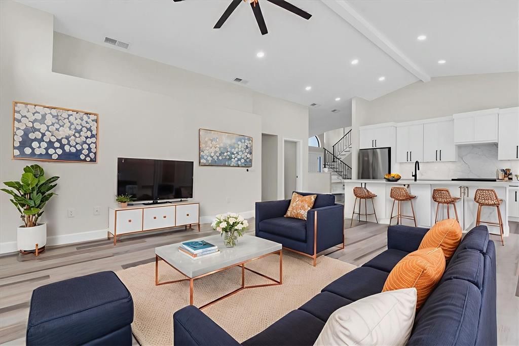 Interior, Kitchen, Living room, Recessed Lighting, Stainless Steel Appliances, Wood Texture Flooring