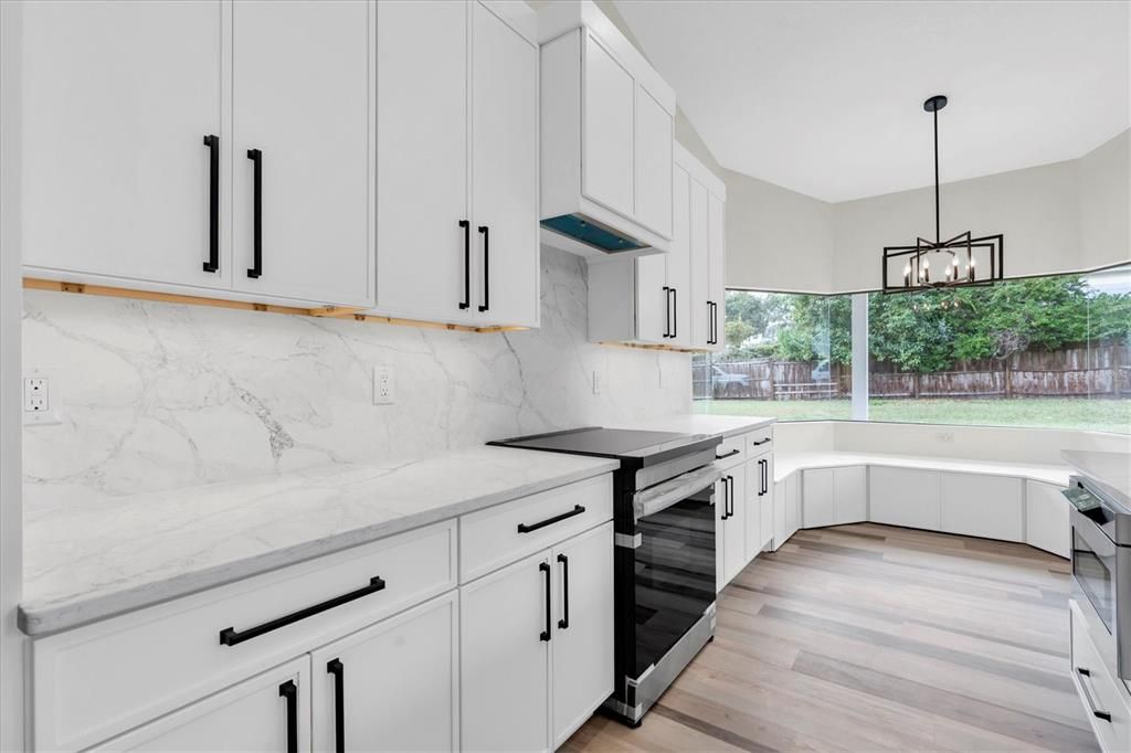 Interior, Kitchen, Marble Walls, Pendant Lights, Wood Texture Flooring
