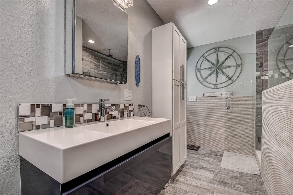 Bathroom, Glass Shower, Interior, Recessed Lighting, Wood Texture Flooring